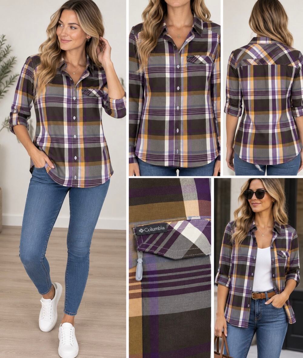 Columbia Omni-Shade Women’s XL Plaid Roll Tab Hiking Outdoor Shirt Purple